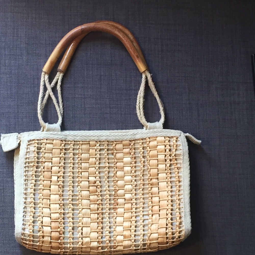 Vintage Saks Fifth Ave Woven Purse w/ Wood Handles
